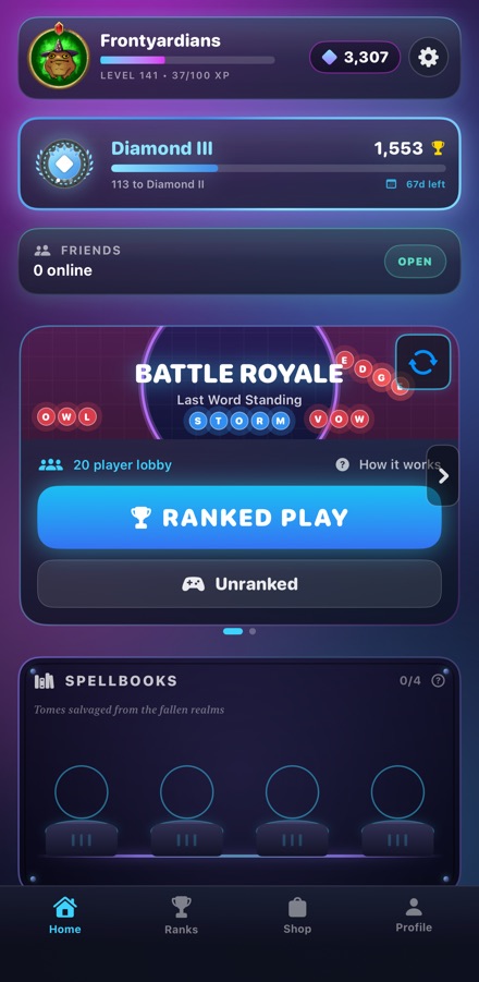 SpellStorm home screen with ranked play and spellbooks