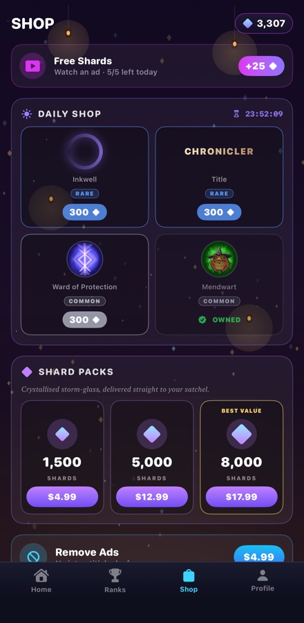 SpellStorm shop with spellbooks and shard packs